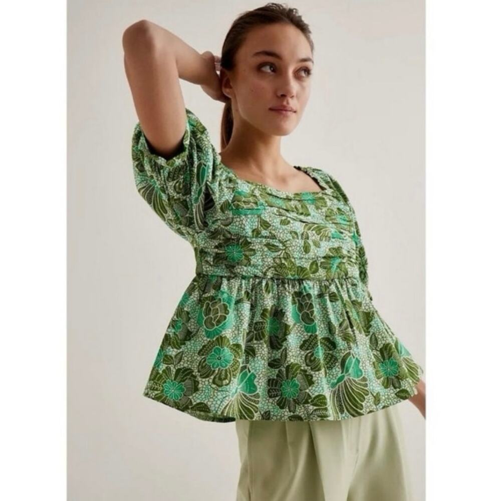 Anthropologie Nikasha Babydoll Square Neck Poplin Floral Green Blouse Size Large